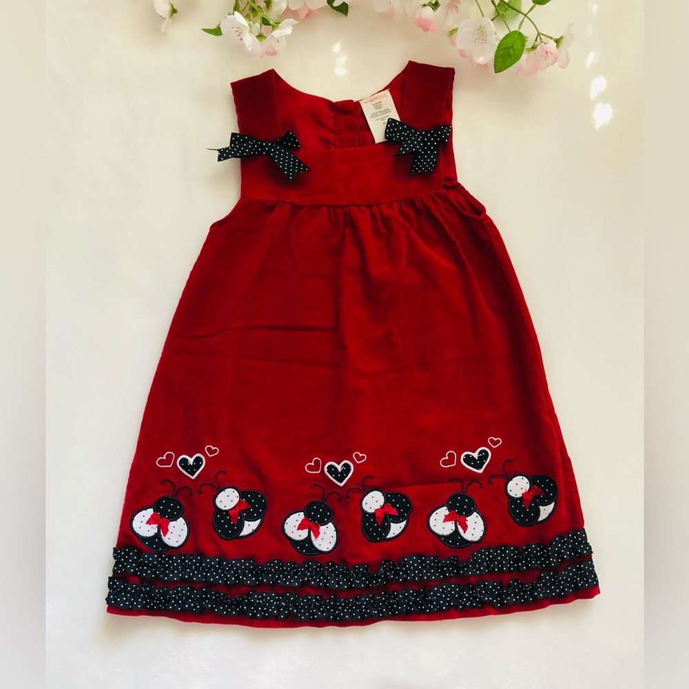 Girls Red Corduroy Dress with Lady Bugs and Polka Dot Trim, Size 5T